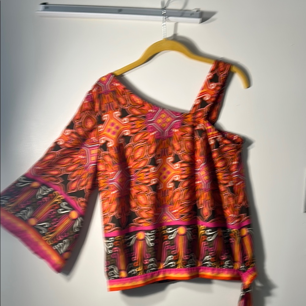 Asymmetrical Orange and Black Bell Sleeve Blouse